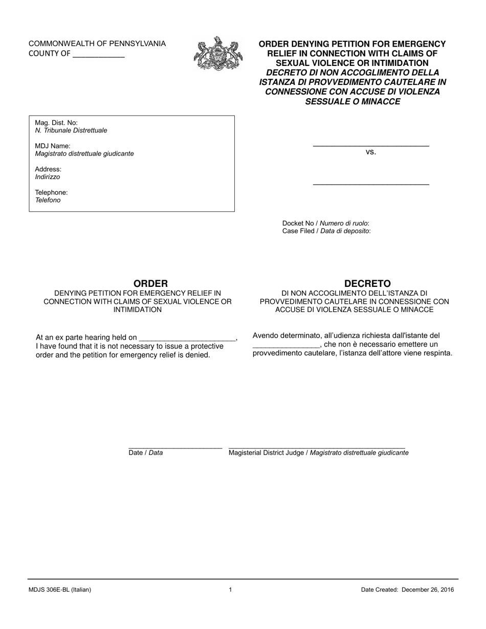 Form MDJS306E-BL Order Denying Petition for Emergency Relief in Connection With Claims of Sexual Violence or Intimidation - Pennsylvania (English / Italian), Page 1