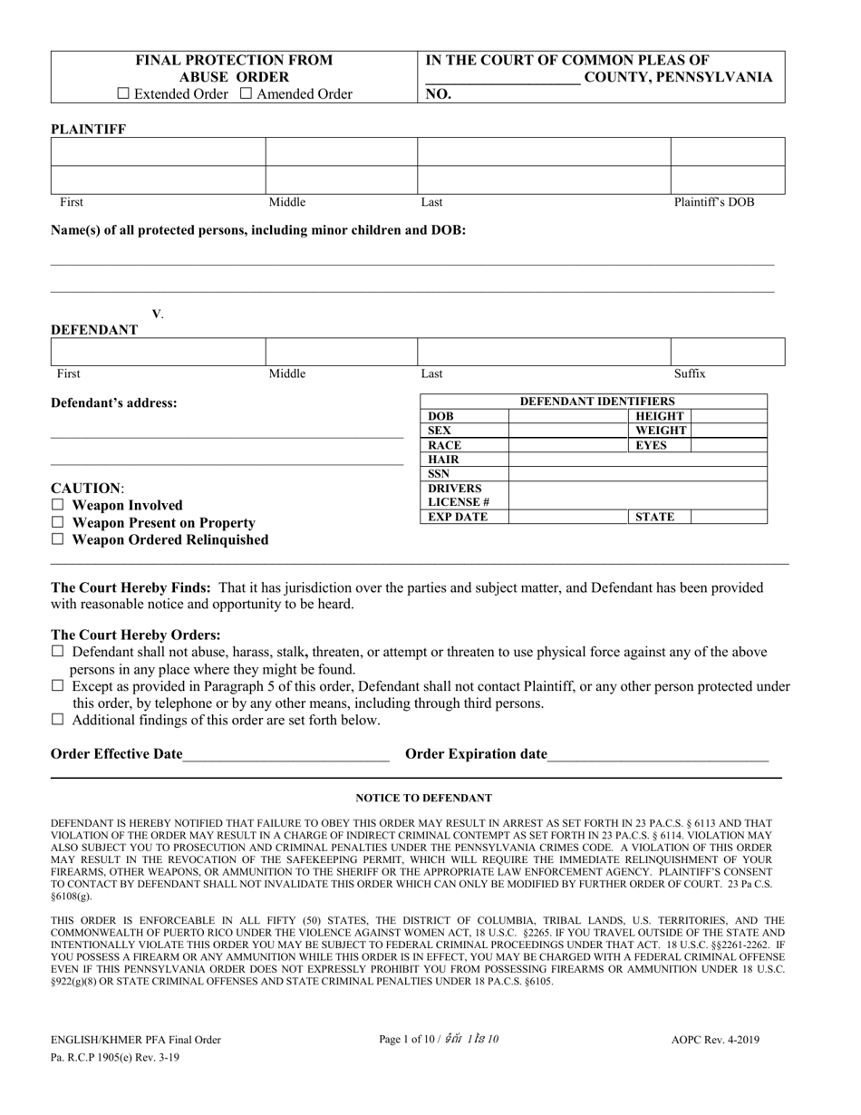 Final Protection From Abuse Order - Pennsylvania (English / Khmer), Page 1