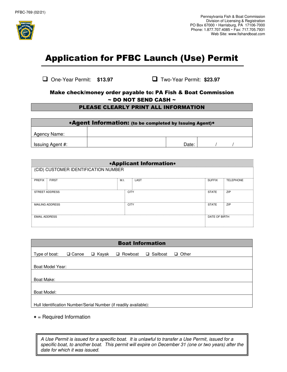 Form PFBC-769 Application for Pfbc Launch (Use) Permit - Pennsylvania, Page 1