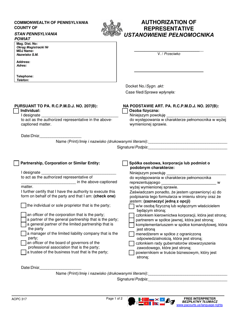 Form AOPC317 Authorization of Representative - Pennsylvania (English / Polish), Page 1