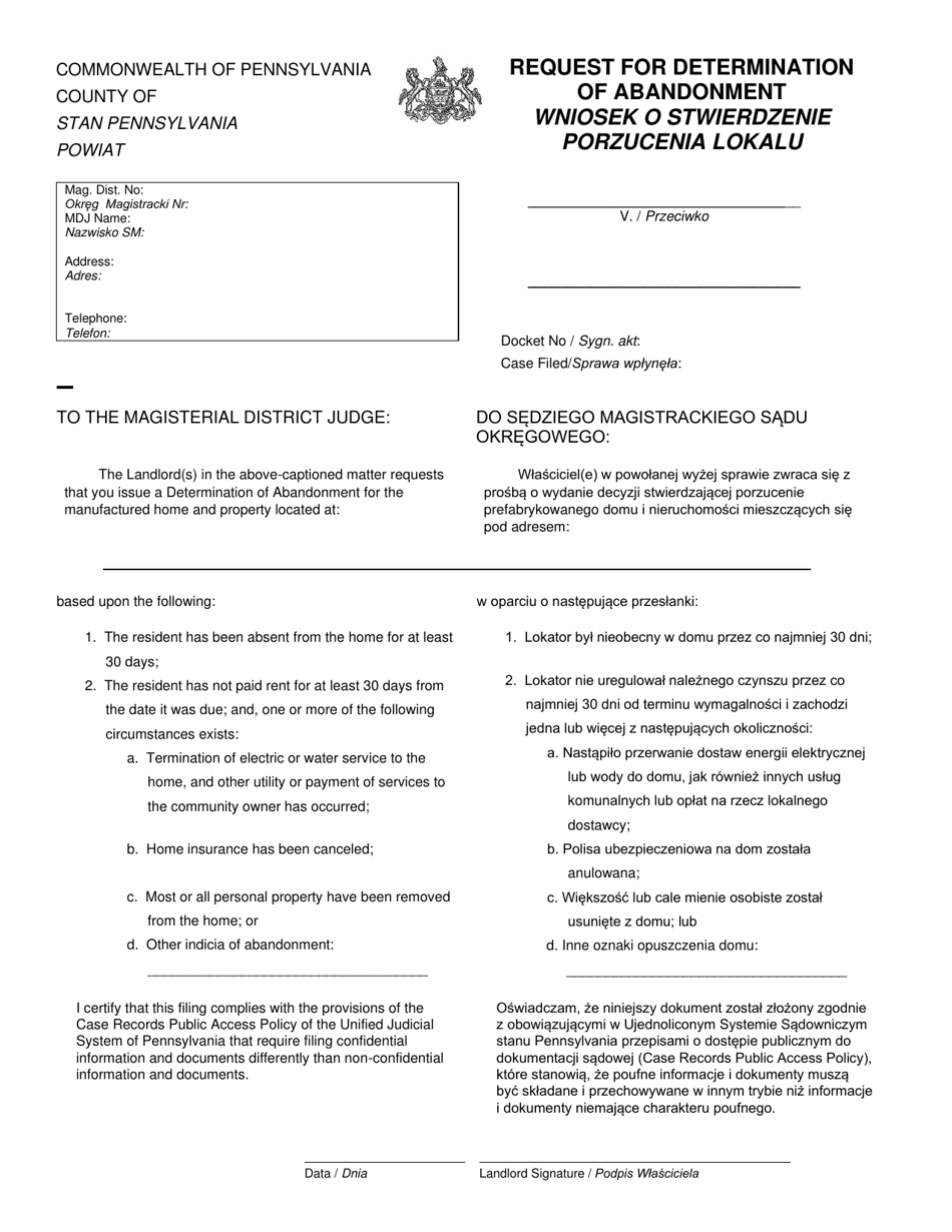 Pennsylvania Request for Determination of Abandonment Download Fillable
