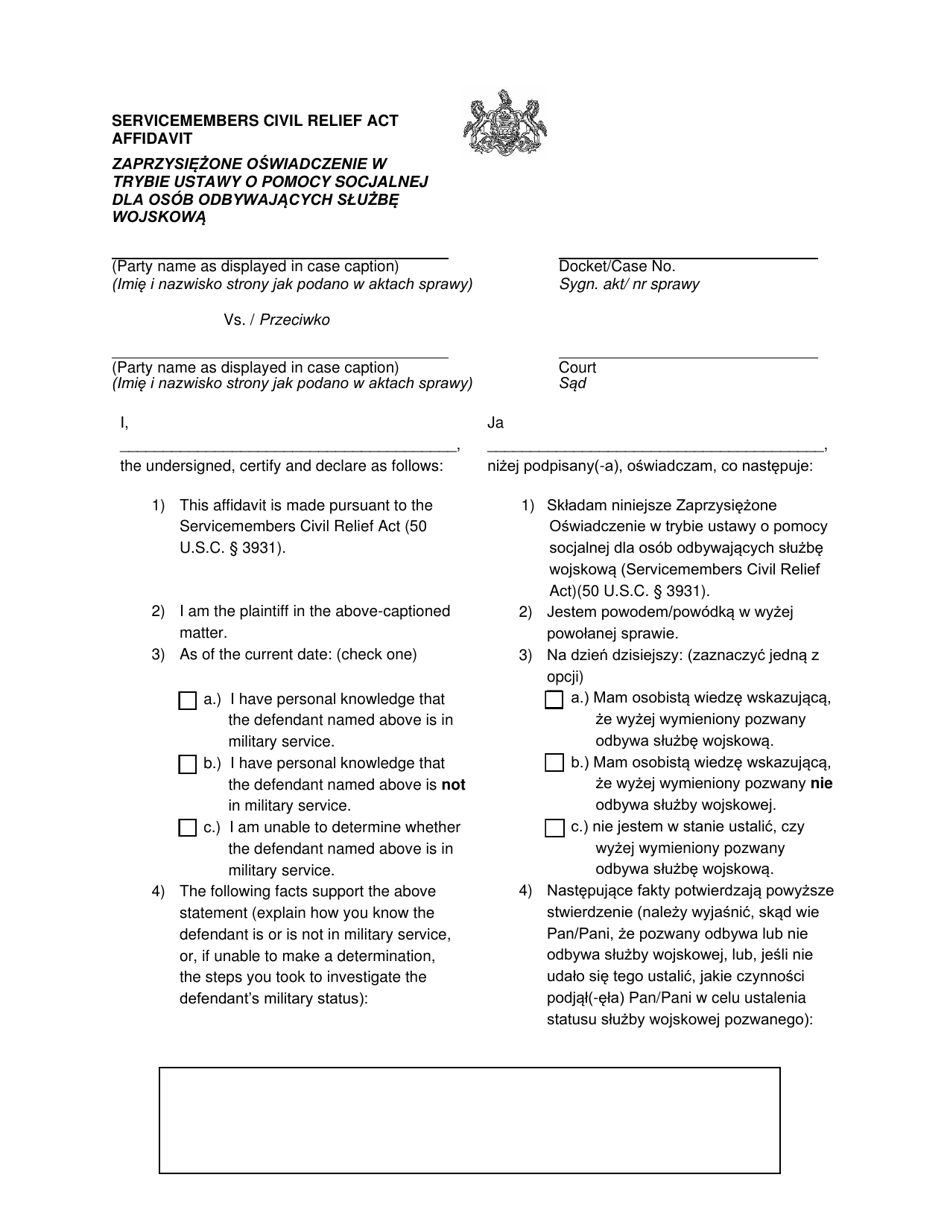 Servicemembers Civil Relief Act Affidavit - Pennsylvania (English / Polish), Page 1