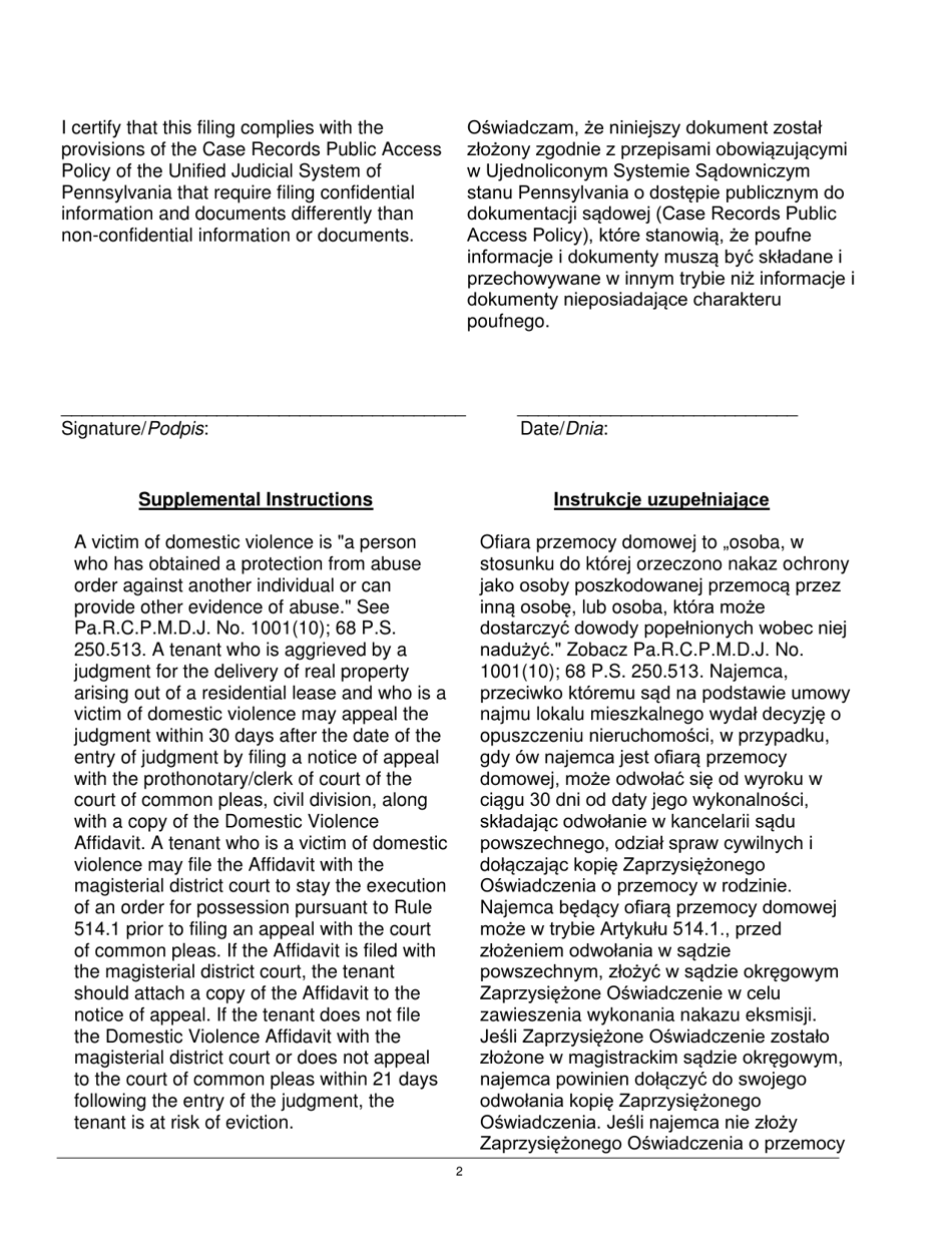 Domestic Violence Affidavit - Pennsylvania (English / Polish), Page 2