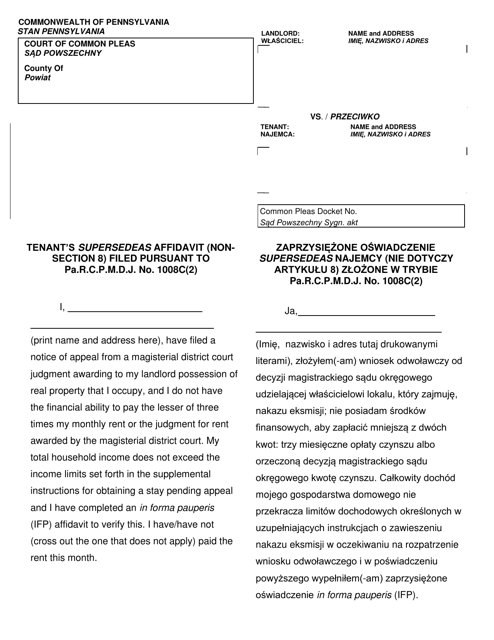 Form AOPC312-08 (B) Tenant's Supersedeas Affidavit (Non-section 8) Filed Pursuant to Pa.r.c.p.m.d.j. No. 1008c (2) - Pennsylvania (English/Polish)