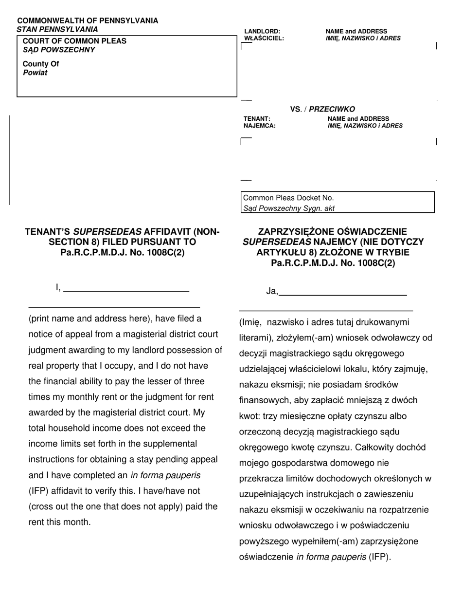 Form AOPC312-08 (B) Tenants Supersedeas Affidavit (Non-section 8) Filed Pursuant to Pa.r.c.p.m.d.j. No. 1008c (2) - Pennsylvania (English / Polish), Page 1