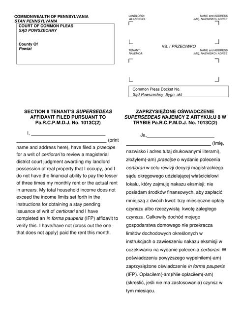 Form AOPC312-08 (C) Section 8 Tenant's Supersedeas Affidavit Filed Pursuant to Pa.r.c.p.m.d.j. No. 1013c (2) - Pennsylvania (English/Polish)