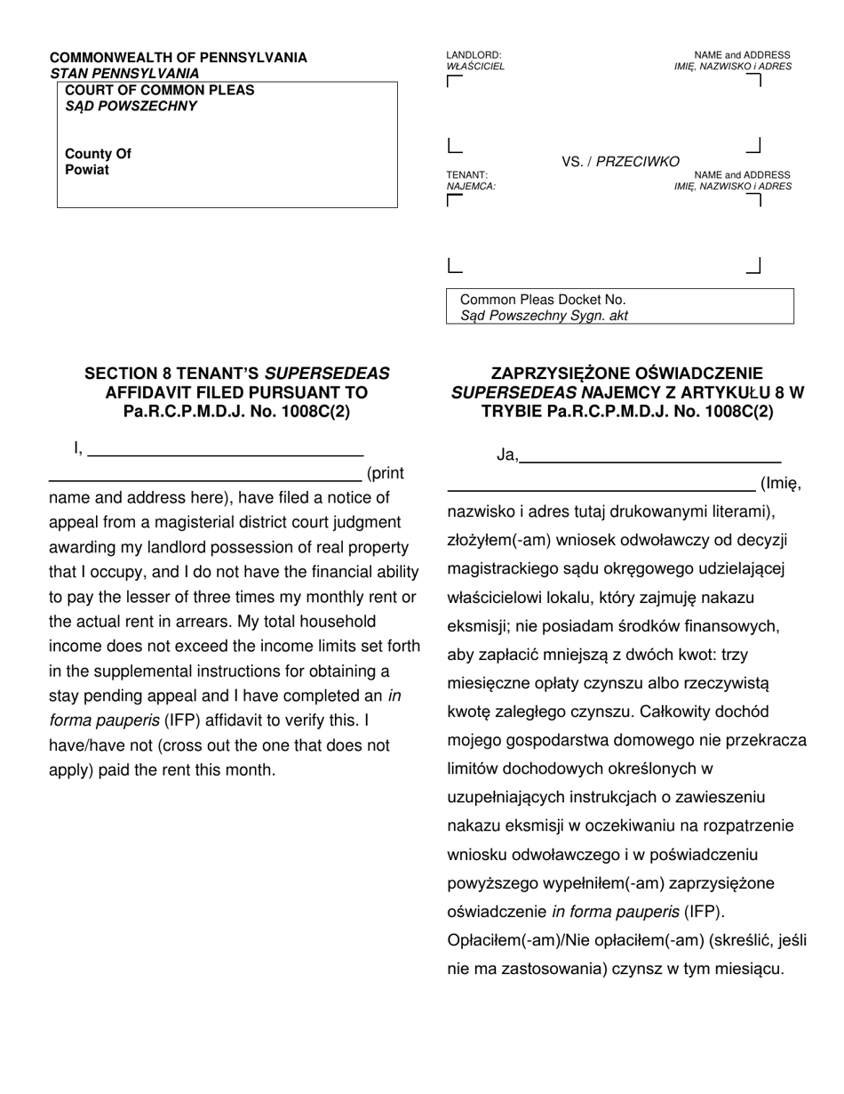 Form AOPC312-08 (A) Section 8 Tenants Supersedeas Affidavit Filed Pursuant to Pa.r.c.p.m.d.j. No. 1008c (2) - Pennsylvania (English / Polish), Page 1