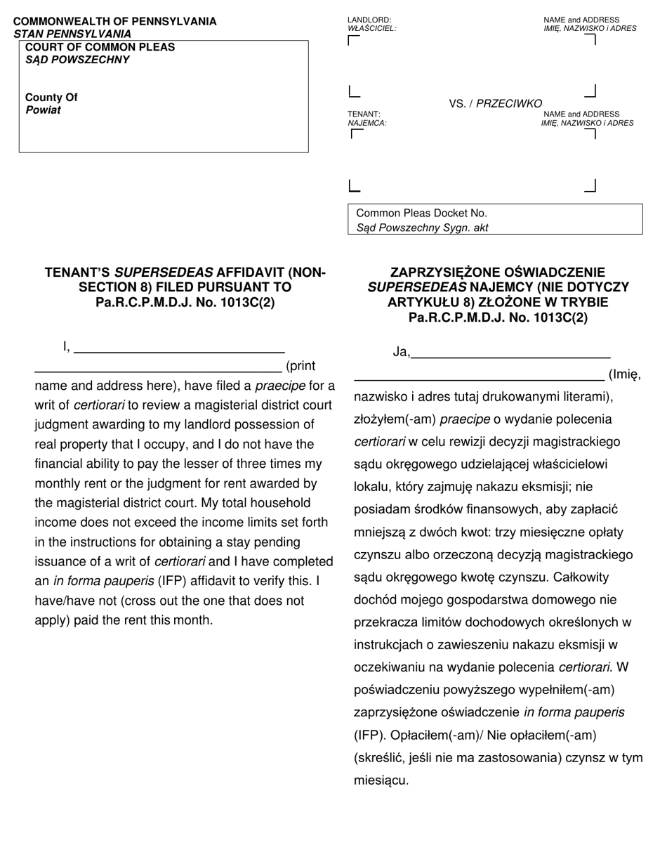 Form AOPC312-08 (D) Tenants Supersedeas Affidavit (Non-section 8) Filed Pursuant to Pa.r.c.p.m.d.j. No. 1013c (2) - Pennsylvania (English / Polish), Page 1