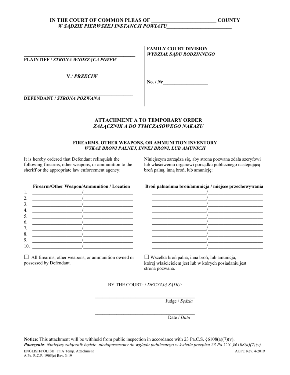 Attachment A Temporary Protection From Abuse Order - Firearms, Other Weapons, or Ammunition Inventory - Pennsylvania (English / Polish), Page 1