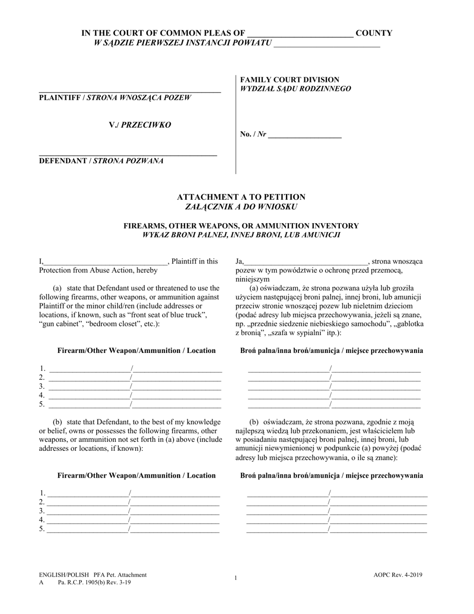 Attachment A Petition for Protection From Abuse - Firearms, Other Weapons, or Ammunition Inventory - Pennsylvania (English / Polish), Page 1