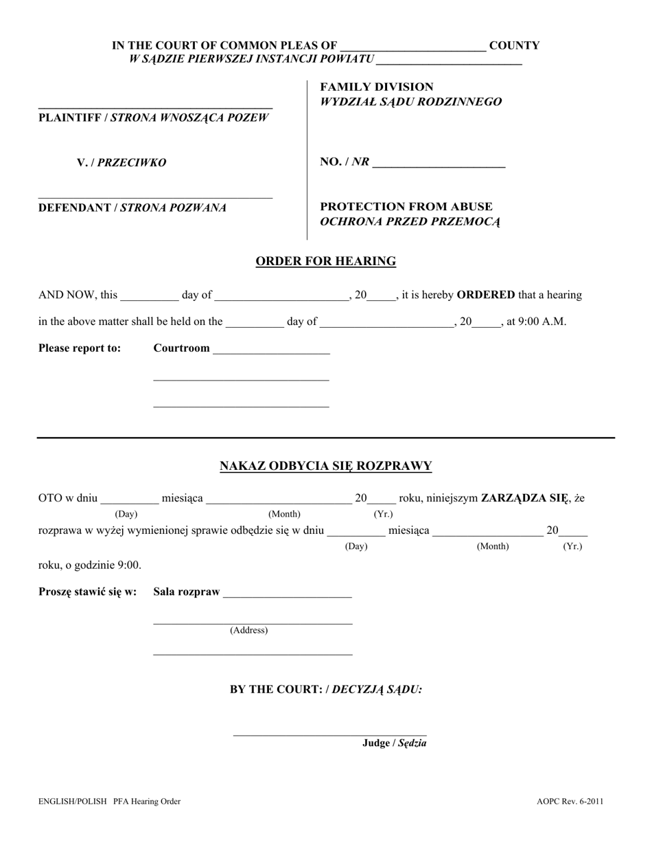 Order for Hearing - Pennsylvania (English / Polish), Page 1