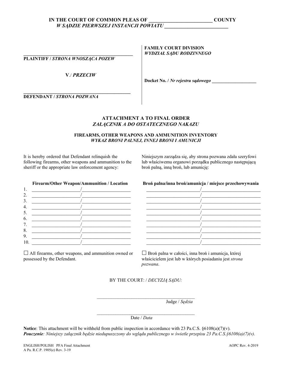 Attachment A Final Protection From Abuse Order - Firearms, Other Weapons and Ammunition Inventory - Pennsylvania (English / Polish), Page 1