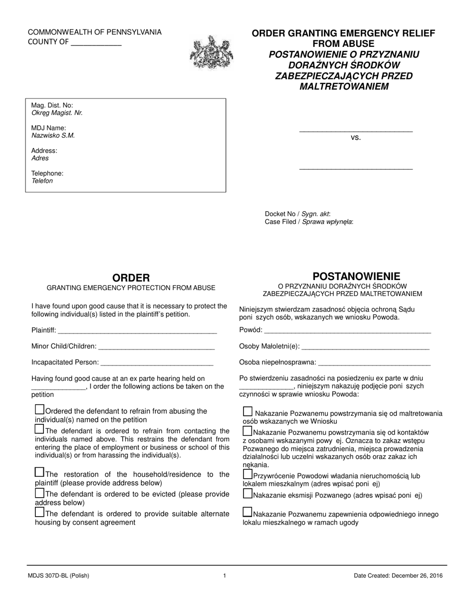 Form MDJS307D-BL Order Granting Emergency Relief From Abuse - Pennsylvania (English / Polish), Page 1
