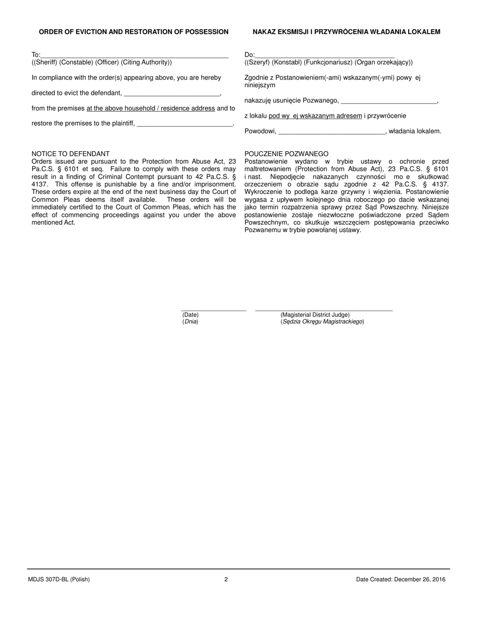 Form MDJS307D-BL Order Granting Emergency Relief From Abuse - Pennsylvania (English / Polish), Page 2