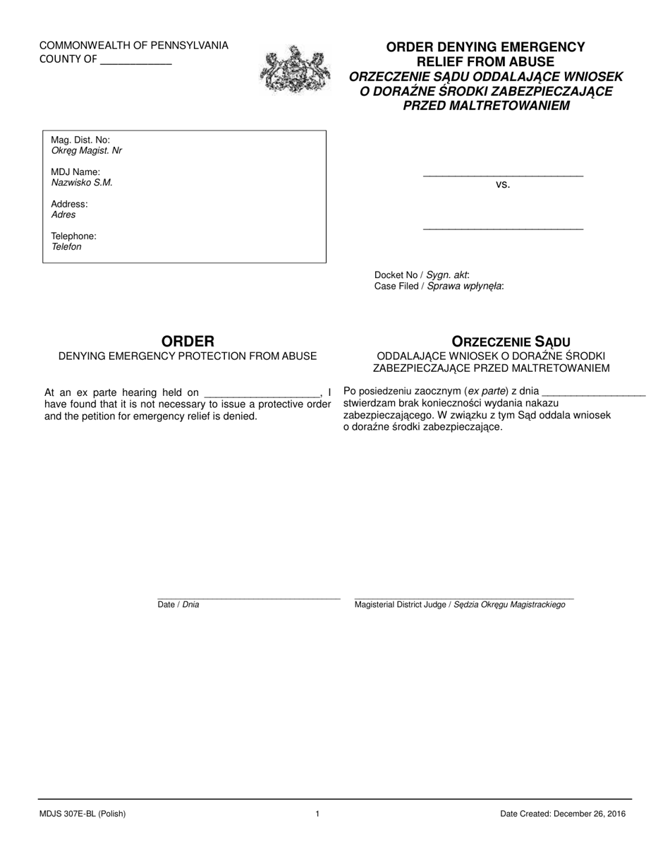 Form MDJS307E-BL Order Denying Emergency Relief From Abuse - Pennsylvania (English / Polish), Page 1