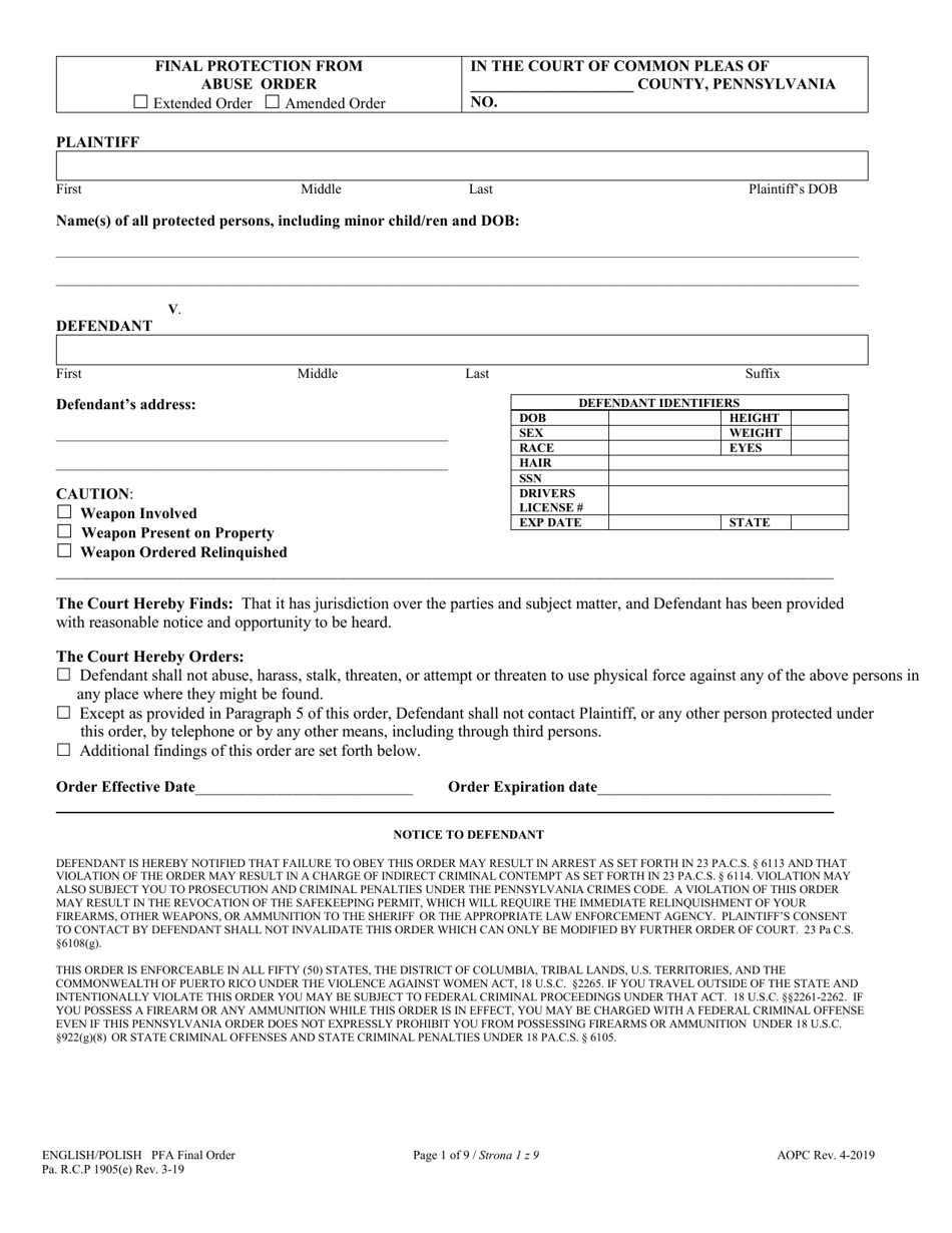 Pennsylvania Final Protection From Abuse Order (English/Polish) Fill