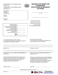 Document preview: Form AOPC311A Request for Order for Possession - Pennsylvania (English/Portuguese)