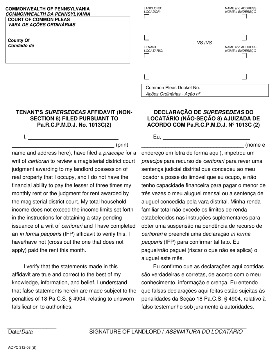 Form AOPC312-08 (B) Tenants Supersedeas Affidavit (Non-section 8) Filed Pursuant to Pa.r.c.p.m.d.j. No. 1013c (2) - Pennsylvania (English / Portuguese), Page 1