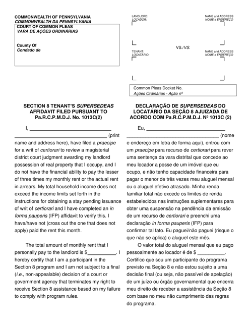 Form AOPC312-08 (C) Section 8 Tenant's Supersedeas Affidavit Filed Pursuant to Pa.r.c.p.m.d.j. No. 1013c (2) - Pennsylvania (English/Portuguese)