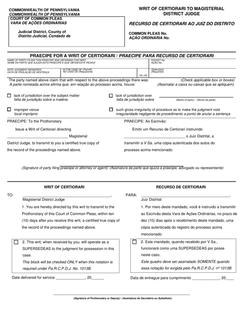 Form AOPC25-05 Writ of Certiorari to Magisterial District Judge - Pennsylvania (English/Portuguese)