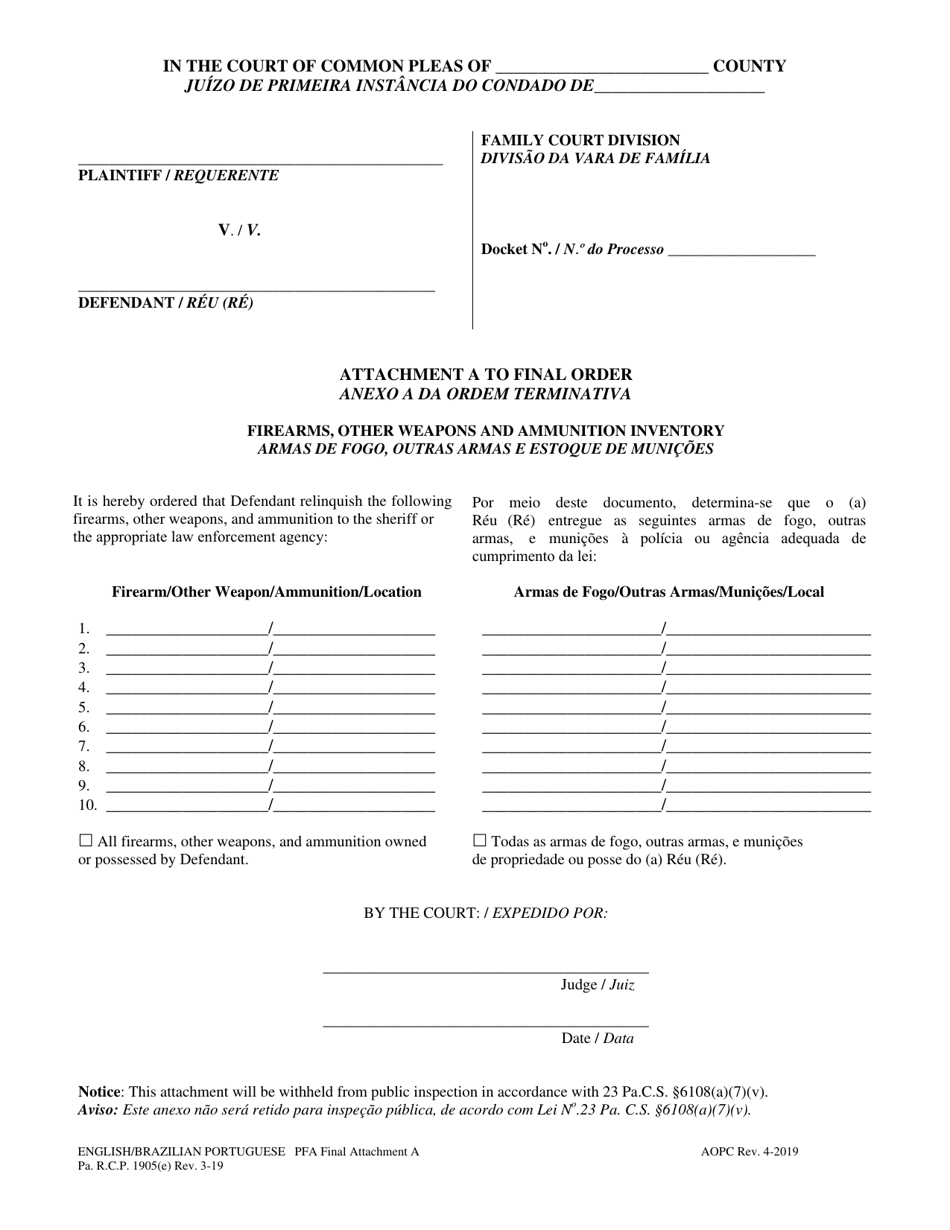Attachment A Final Protection From Abuse Order - Firearms, Other Weapons and Ammunition Inventory - Pennsylvania (English / Portuguese), Page 1