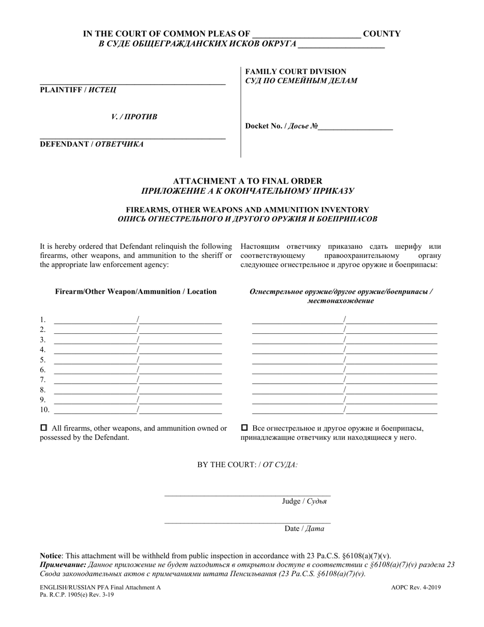 Attachment A Final Protection From Abuse Order - Firearms, Other Weapons and Ammunition Inventory - Pennsylvania (English / Russian), Page 1