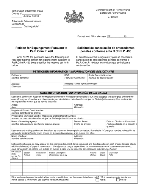 Petition for Expungement Pursuant to Pa.r.crim.p. 490 - Pennsylvania (English / Spanish) Download Pdf