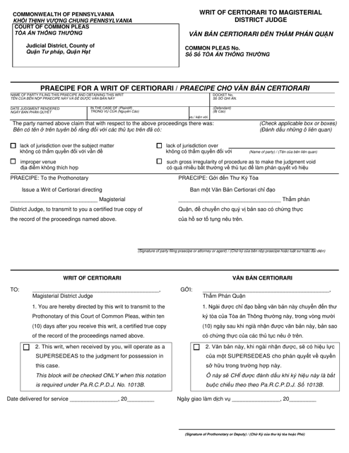 Form AOPC25-05 Writ of Certiorari to Magisterial District Judge - Pennsylvania (English/Vietnamese)