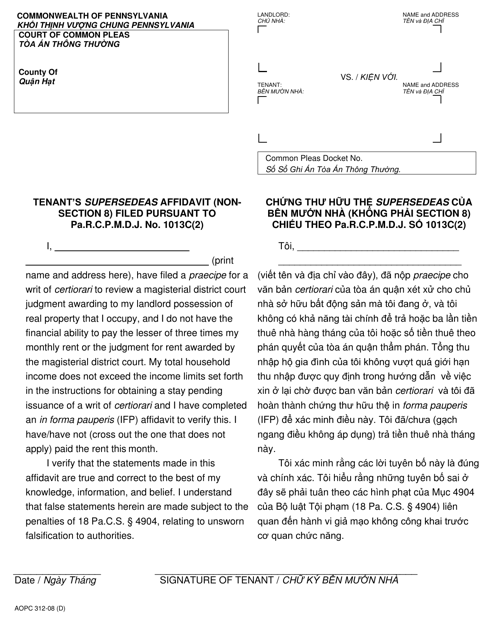 Form AOPC312-08 (D) Tenant's Supersedeas Affidavit (Non-section 8) Filed Pursuant to Pa.r.c.p.m.d.j. No. 1013c (2) - Pennsylvania (English/Vietnamese)