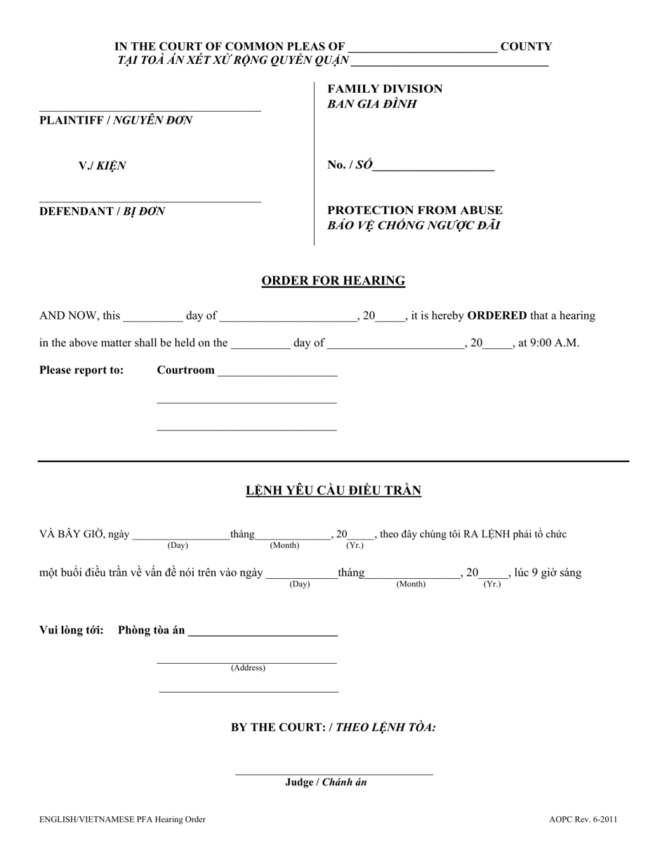 Order for Hearing - Pennsylvania (English / Vietnamese), Page 1