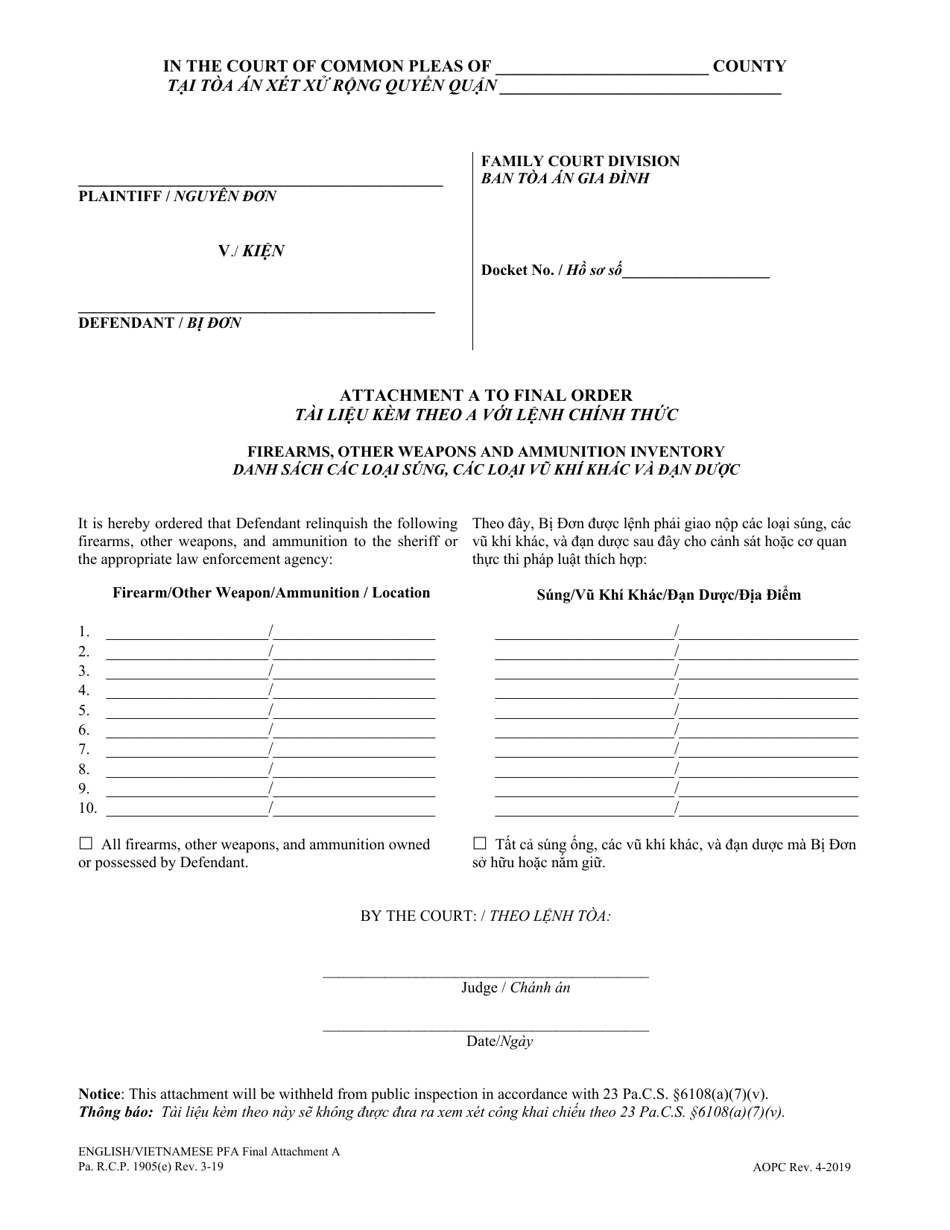 Attachment A Final Protection From Abuse Order - Firearms, Other Weapons and Ammunition Inventory - Pennsylvania (English / Vietnamese), Page 1