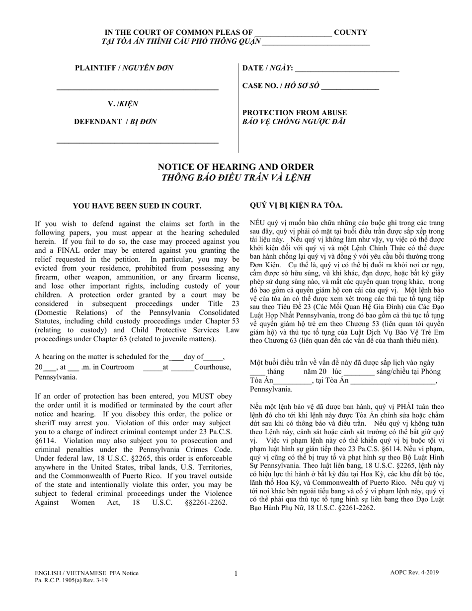 Notice of Hearing and Order - Pennsylvania (English / Vietnamese), Page 1