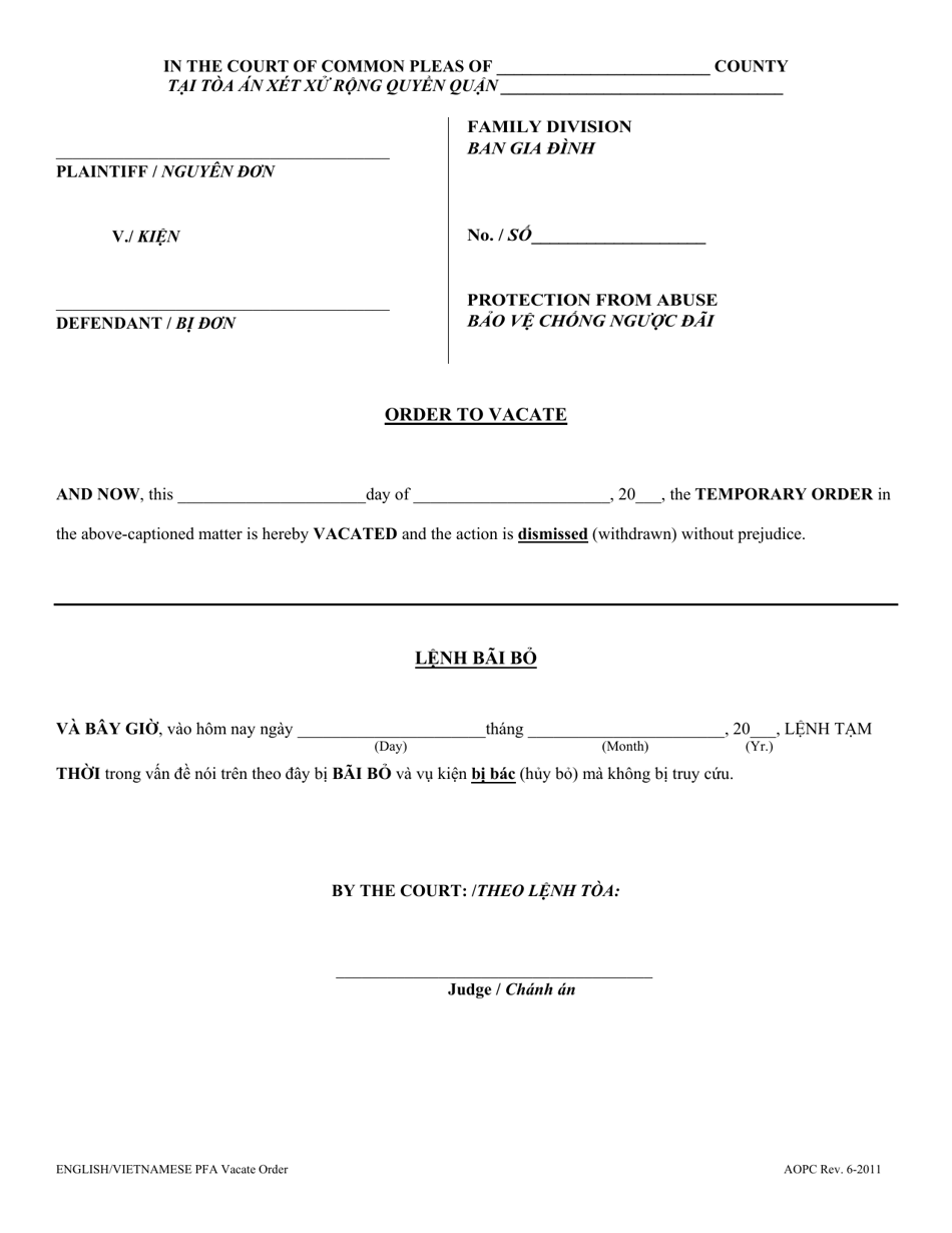 Order to Vacate - Pennsylvania (English / Vietnamese), Page 1