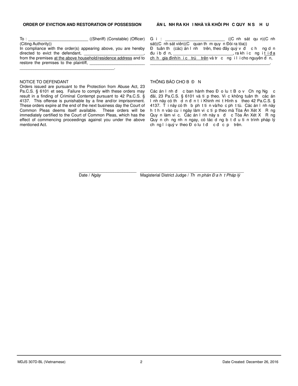 Form MDJS307D-BL Order Granting Emergency Relief From Abuse - Pennsylvania (English / Vietnamese), Page 2