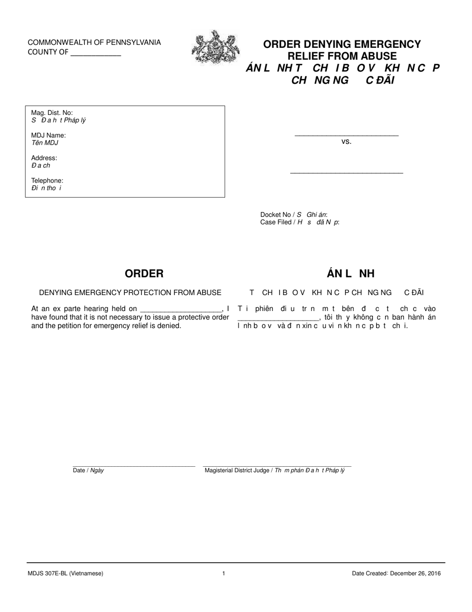 Form MDJS307E-BL Order Denying Emergency Relief From Abuse - Pennsylvania (English / Vietnamese), Page 1