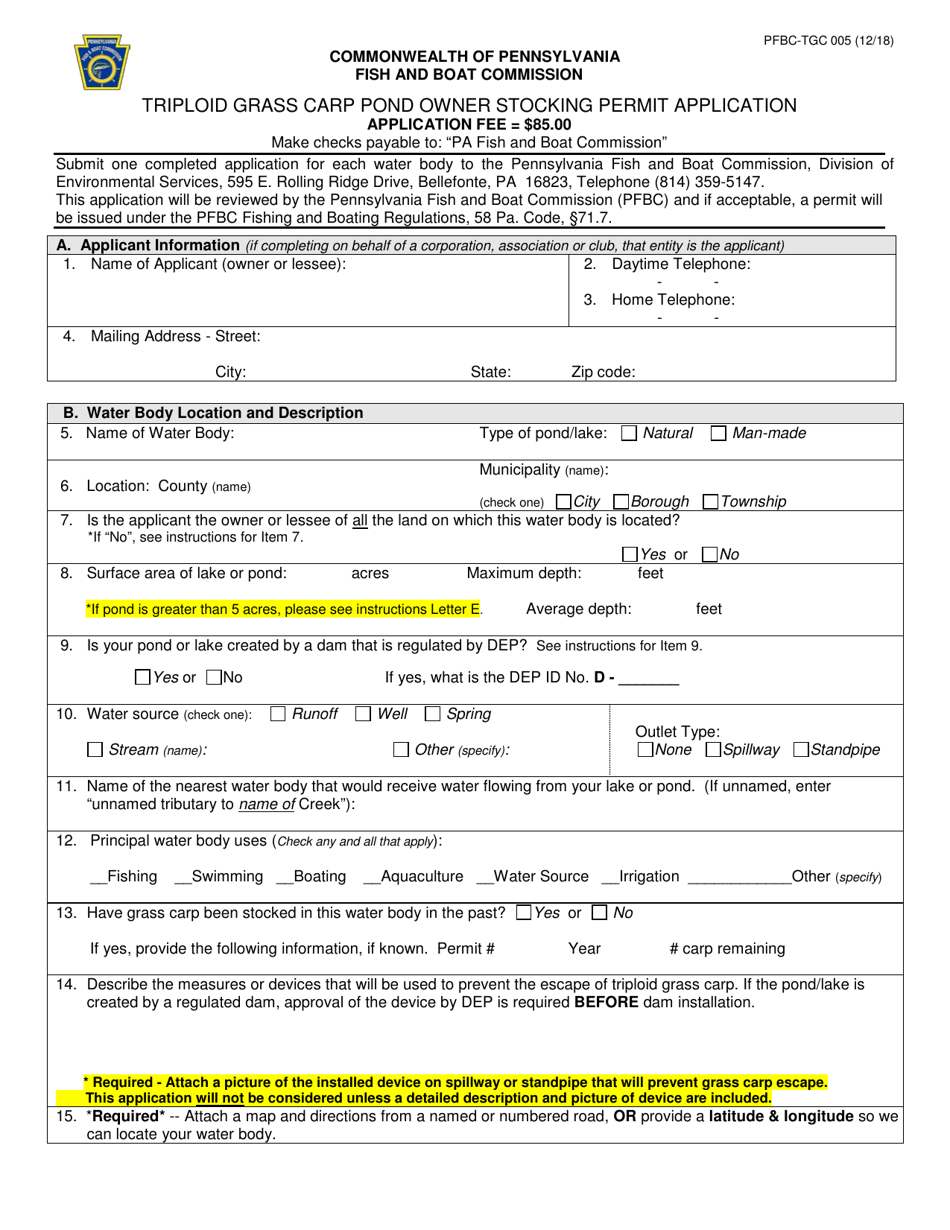 Form PFBC-TGC005 Triploid Grass Carp Pond Owner Stocking Permit Application - Pennsylvania, Page 1