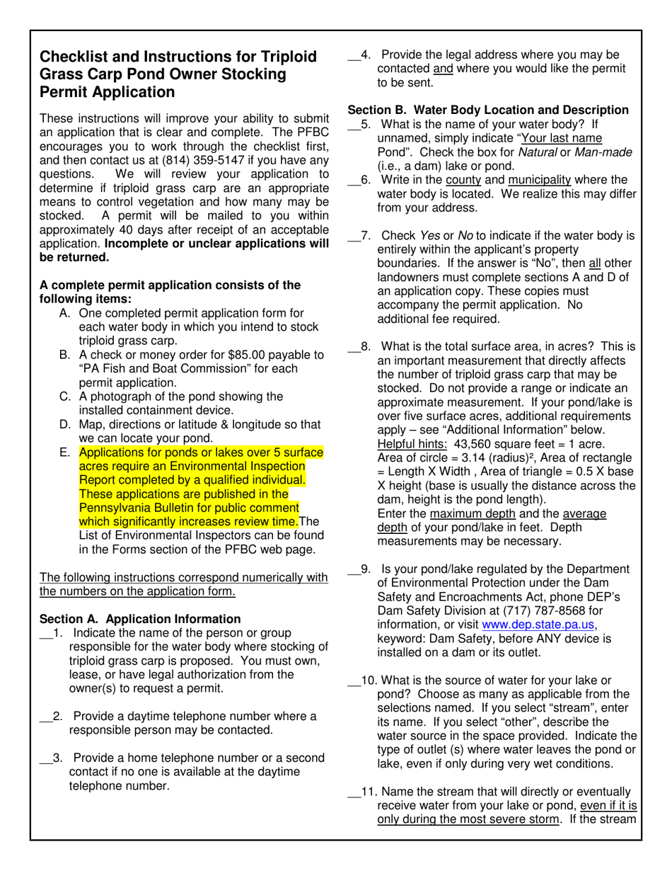 Form PFBC-TGC005 Triploid Grass Carp Pond Owner Stocking Permit Application - Pennsylvania, Page 3