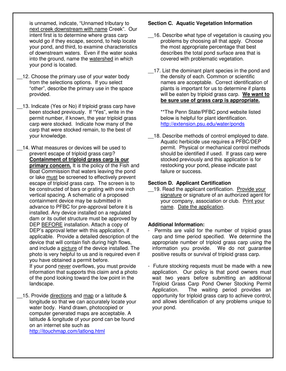Form PFBC-TGC005 Triploid Grass Carp Pond Owner Stocking Permit Application - Pennsylvania, Page 4
