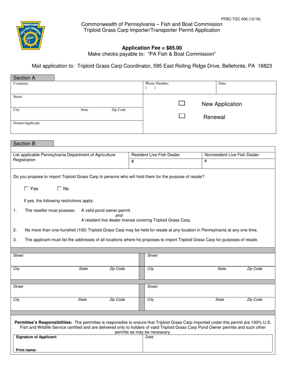 Form PFBC-TGC006 Triploid Grass Carp Importer / Transporter Permit Application - Pennsylvania, Page 1