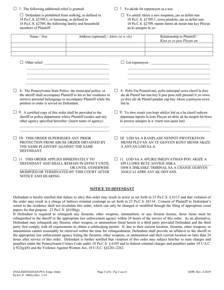 Temporary Protection From Abuse Order - Pennsylvania (English / Haitian Creole), Page 5