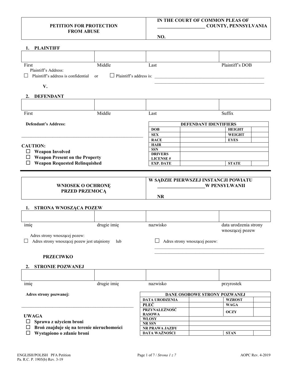 Pennsylvania Petition for Protection From Abuse (English/Polish) Fill