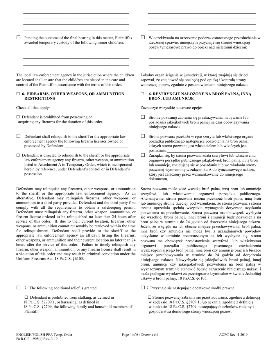 Temporary Protection From Abuse Order - Pennsylvania (English / Polish), Page 4