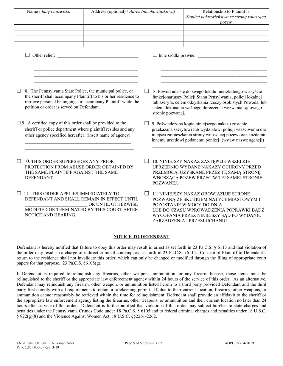 Temporary Protection From Abuse Order - Pennsylvania (English / Polish), Page 5