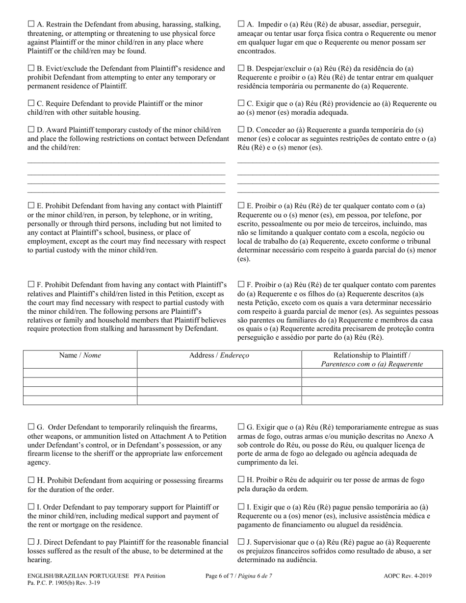 Petition for Protection From Abuse - Pennsylvania (English / Portuguese), Page 6
