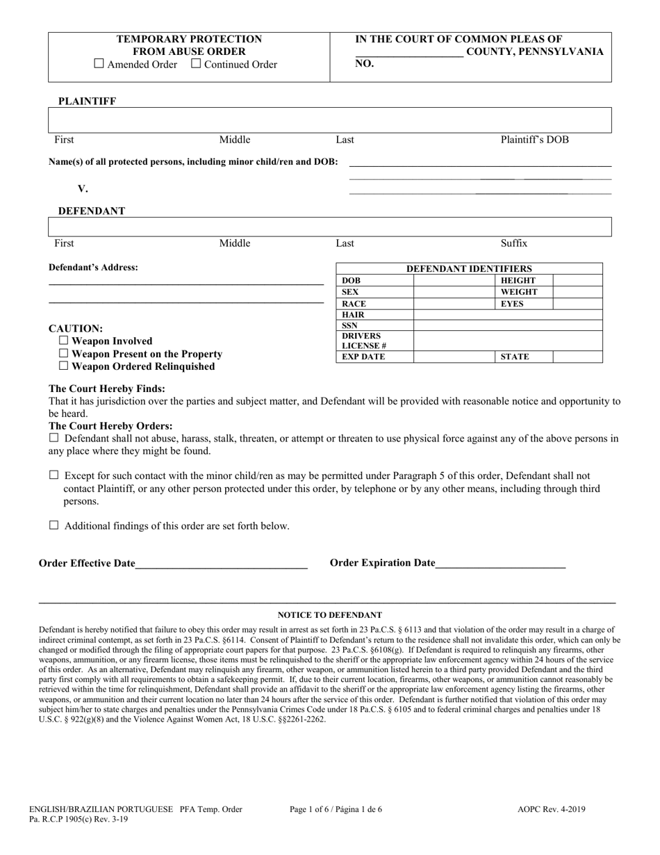 Temporary Protection From Abuse Order - Pennsylvania (English / Portuguese), Page 1