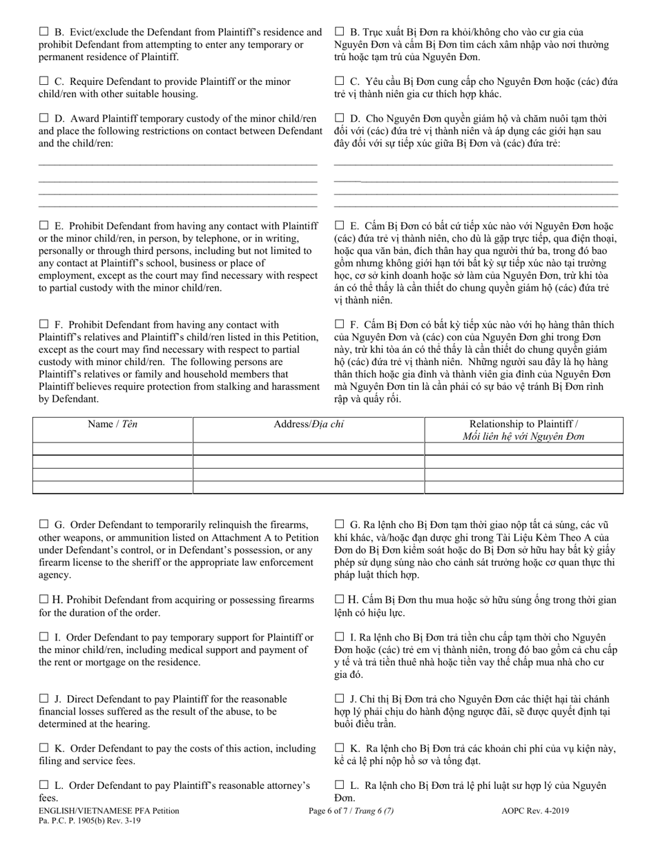 Petition for Protection From Abuse - Pennsylvania (English / Vietnamese), Page 6