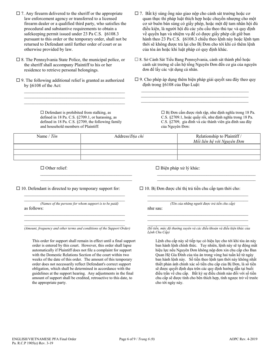 Final Protection From Abuse Order - Pennsylvania (English / Vietnamese), Page 6