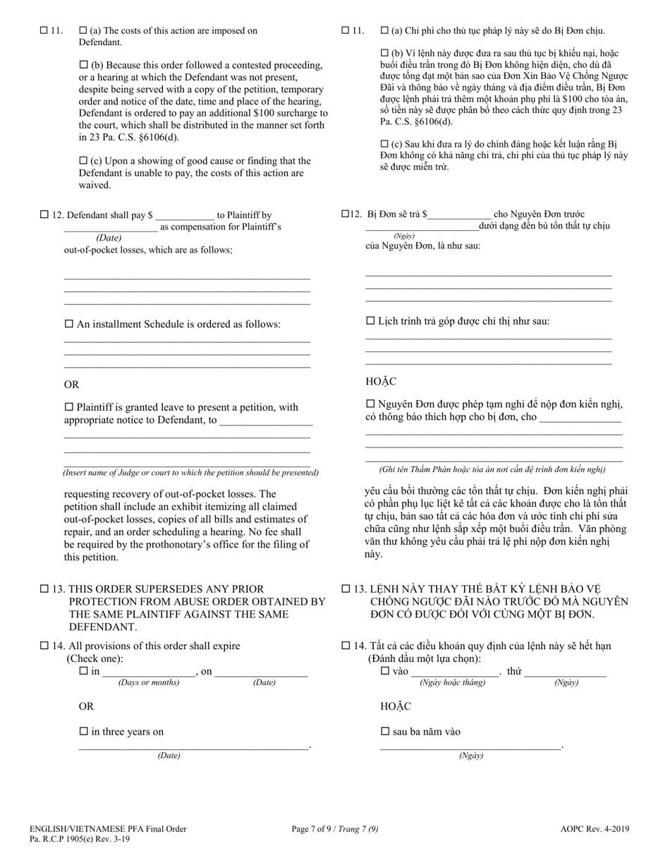 Final Protection From Abuse Order - Pennsylvania (English / Vietnamese), Page 7