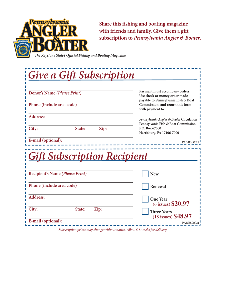 Pennsylvania Angler  Boater Gift Subscription Form - Pennsylvania, Page 1
