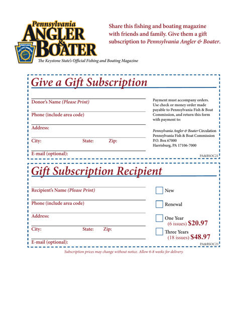 Pennsylvania Angler & Boater Gift Subscription Form - Pennsylvania Download Pdf